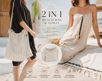 2-in-1 Organic Cotton Beach Bag Transforms to Towel, Turkish Peshtemal Tote