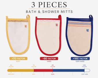 3-teiliges Peeling Badehandschuh Set | Türkische Seide Kese Handschuhe | 70, 80 & 100 Faktor | Peeling-Dusche-Handschuhe