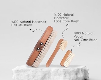 Natural Horsehair Body Brush Set - Cellulite Brush, Face Brush & Vegan Nail Brush - Elegant Touch