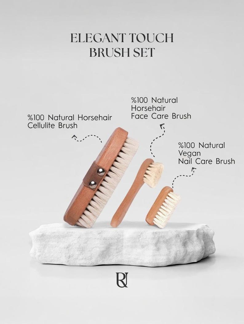Natural Horsehair Body Brush Set - Cellulite Brush, Face Brush & Vegan Nail Brush - Elegant Touch image 1