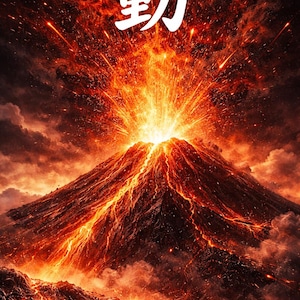 May include: Digital art depicting a volcanic eruption. The image features a fiery explosion with lava flowing down the mountain. The word "動" in white is at the top. The color palette is dominated by shades of red, orange, and black.