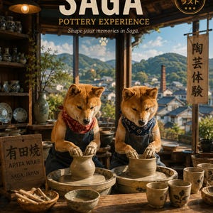 May include: Two Shiba Inu dogs wearing denim aprons and bandanas work at pottery wheels, shaping clay vessels. The scene includes text reading SAGA POTTERY EXPERIENCE, ARITA WARE, and Made by paws, cherished for a lifetime, set in a workshop.