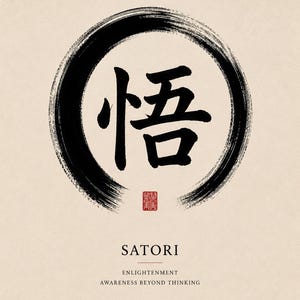 May include: A beige poster featuring a black ink-brushed circular enso symbol surrounding the Japanese kanji character for enlightenment. Below the circle is a small red seal, the word SATORI, and the text ENLIGHTENMENT AWARENESS BEYOND THINKING.