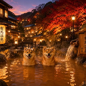 Arima Onsen Shiba Inu Wall Art Printable, Japanese Hot Spring Poster, Autumn Japan Decor, Red Maple Wall Art, Digital Download