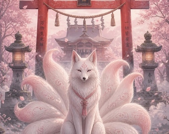 Sakura Kitsune Digital Download, Japanese Fox Wall Art, Cherry Blossom Shrine Poster, Fantasy Printable Art