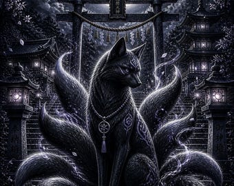 Shadow Moon Kitsune Digital Download, Japanese Fox Wall Art, Dark Shrine Poster, Gothic Fantasy Printable Art
