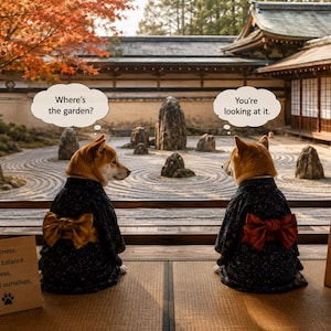 以下が含まれることがあります： 大きなリボンが付いた暗い柄の着物を着た2匹の柴犬が、畳の上に座って禅の石庭を眺めている。吹き出しには「Where's the garden?」「You're looking at it.」と書かれている。看板には「In emptiness, we find balance. In stillness, we find ourselves.」および「Kongobuji Temple」と記されている。