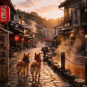 May include: Two Shiba Inu dogs stand on a cobblestone street in Arima Onsen, Japan, at sunset. Steam rises from a nearby hot spring canal. Traditional wooden buildings line the path, featuring red lanterns and signs with Japanese text.