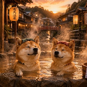 May include: Two Shiba Inu dogs with closed eyes relaxing in a steaming outdoor stone hot spring bath. The dogs wear small patterned headbands. In the background, a traditional Japanese village with lanterns, a red bridge, and wooden signs with text.