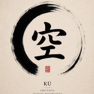 May include: A wall art print featuring a black ink brush stroke circle surrounding the Japanese kanji character for emptiness. Below the circle is a small red seal, the text KŪ, and the words EMPTYNESS and INFINITE POSSIBILITIES in black.