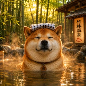以下が含まれることがあります： 温泉でリラックスする柴犬。犬は頭にタオルをかぶり、首にタグを付けています。背景には竹林と日本の看板があります。