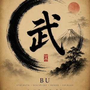 May include: A poster featuring a large black ink brush circle enclosing the Japanese kanji for martial, with a red sun, Mount Fuji, and a pine tree. Below, the text reads BU, STRENGTH, DISCIPLINE, HONOR, COURAGE, Japanese characters, and FUJIYAMAWHITE.