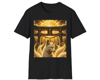 Golden Sun Kitsune T-Shirt,Japanese Fox Spirit,Sacred Shrine Graphic Tee,Luxury Mythology Streetwear