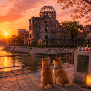 May include: Two Shiba Inu dogs wearing patterned bandanas sit on a stone path facing the Hiroshima Peace Memorial at sunset. A stone pillar nearby displays the word PEACE in multiple languages and holds several colorful paper cranes.