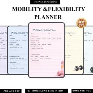 May include: A digital "Mobility & Flexibility Planner" with a pink and white design. The planner includes sections for tracking exercises, range of motion, and recovery notes. The image also includes a "Best Seller" badge and the text "Instant Download".