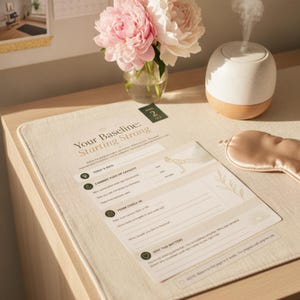 May include: A beige rectangular fitness journal page titled Your Baseline: Starting Strong with sections for push-up capacity and form check-ins, accompanied by a glass vase of pink and white peonies, a white essential oil diffuser, and a silk sleep mask.