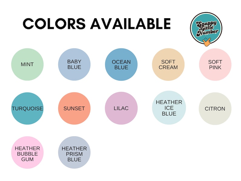K&ouml;nnte beinhalten: Bild mit einer Auswahl an Farboptionen. Der Text "COLORS AVAILABLE" steht oben. Die Farben werden in kreisf&ouml;rmigen Formen dargestellt, darunter Mint, Babyblau, Ozeanblau, Soft Cream, Soft Pink, T&uuml;rkis, Sonnenuntergang, Flieder, Heather Ice Blue, Zitrone, Heather Bubble Gum und Heather Prism Blue.