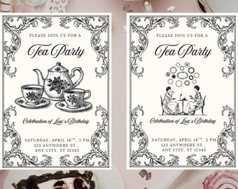 Plantilla de invitación de cumpleaños para fiesta de té / Invitación vintage para fiesta de té / Invitación imprimible para fiesta de té / Descarga digital editable