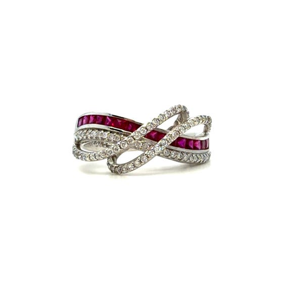 18K White Gold Ruby Diamond Infinity Band Ring, N… - image 1