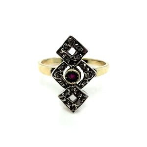 Vintage Ruby Diamond Geometric Ring, 8K Rose Gold, Ottoman Style Antique Ring, Square Motif Statement Ring, Handmade Unique Jewelry
