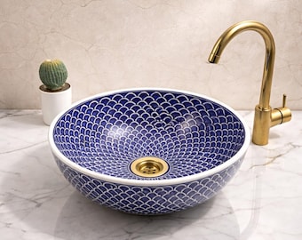 Cobalt Blue Ceramic Vessel Sink | Hand-Painted Fish Scale Basin, Above Counter Bathroom Sink