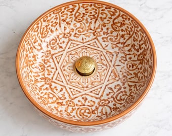 Lavabo de cerámica marroquí pintado a mano / Lavabo arabesco, color naranja terracota.
