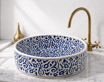 Handmade Moroccan Ceramic Vessel Sink – Blue White Zellige Bathroom Basin