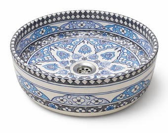 Handmade Moroccan Ceramic Vessel Sink, Blue Hand Painted Wash Basin