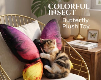 Almohada de peluche de mariposa colorida para mascotas, gatos y perros, juguete para abrazar de 66 cm (26 pulgadas), decoración suave con degradado morado y amarillo.
