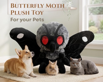 Gran mariposa polilla de peluche para gatos, juguete interactivo suave y seguro para mascotas, 48 cm de alas, gris y negro, ideal para gatitos y perros pequeños.
