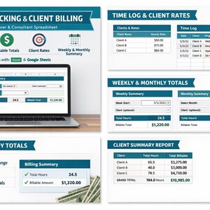 Puede incluir: Un portátil muestra una hoja de cálculo de seguimiento del tiempo y facturación de clientes. La imagen incluye gráficos, tablas y resúmenes para el seguimiento de horas, totales facturables y tarifas de clientes. El texto indica que el software funciona con Excel y Google Sheets.