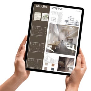 May include: A digital presentation board on a tablet, showcasing architectural designs. The board displays floor plans, interior renderings, and the text "A1 LANDSCAPE PRESENTATION BOARD", "studio project", "FULLY EDITABLE", and "INSTANT DOWNLOAD".