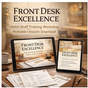 May include: An image promoting "Front Desk Excellence" hotel staff training. The image features two tablets displaying the title, along with printed documents and a coffee cup. The text includes "Hotel Staff Training Workshop Printable | Instant Download."
