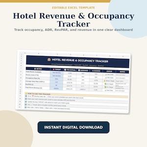 May include: An editable Excel template for a Hotel Revenue & Occupancy Tracker. The dashboard displays metrics like Total Rooms Available, Rooms Sold, Occupancy Rate, ADR, RevPAR, and Total Room Revenue with columns for target, actual, and variance data.