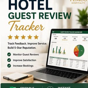 Może przedstawiać: Laptop wyświetla panel "Hotel Guest Review Tracker" z wykresami i danymi. Obraz zawiera tekst "Track Feedback. Improve Service. Build 5-Star Reputation." oraz "Editable Excel File" i "Instant Download."