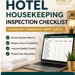 May include: A promotional image for a hotel housekeeping inspection checklist. The image features a laptop displaying a checklist, a stack of white towels, and a small potted plant. Text includes "Hotel Housekeeping Inspection Checklist" and "Editable Excel File."