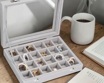 Velvet Jewelry Box 24 Grid Organizer Tray, Ring Earring Storage Case (Beige)
