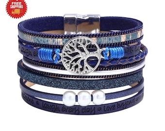 Leopard Leather Wrap Bracelet Boho Multi Layer Pearl Crystal Cuff Bangle for Women