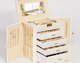 Luxury Leather Jewelry Box Organizer Lockable Mirror