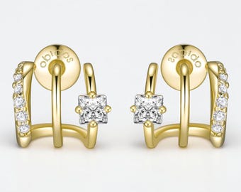 Triple Illusion Huggie Hoop Gold Stud Earrings