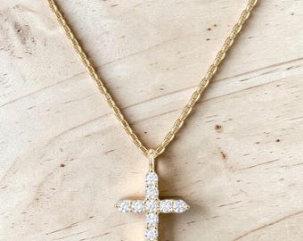 14K Gold CZ Cross Necklace for Women