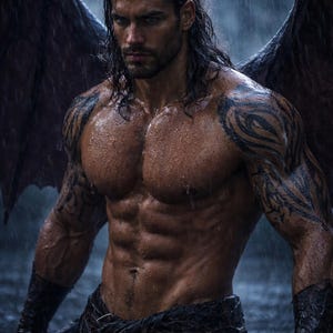 May include: A muscular figure with long, dark hair and tattoos stands in the rain. The person has large, dark wings and is wearing dark clothing. The image has a dramatic, fantasy theme.