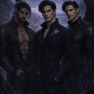 Może przedstawiać: Cyfrowa ilustracja trzech mężczyzn w ciemnych ubraniach, stojących w deszczu. Mężczyzna po lewej ma długie włosy i skórzaną kurtkę. Mężczyzna pośrodku ma na sobie granatową kurtkę z emblematem w kształcie gwiazdy. Mężczyzna po prawej ma czarne skrzydła.