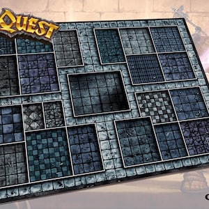 Könnte beinhalten: HeroQuest-Spielbrett mit einem Dungeon-Design, das verschiedene Fliesenmuster in Grau und Blau zeigt. Das Brett hat einen Steinrand, mit "HeroQuest" in goldfarbenen Buchstaben. Das Wort "CRYPTA" steht unten.