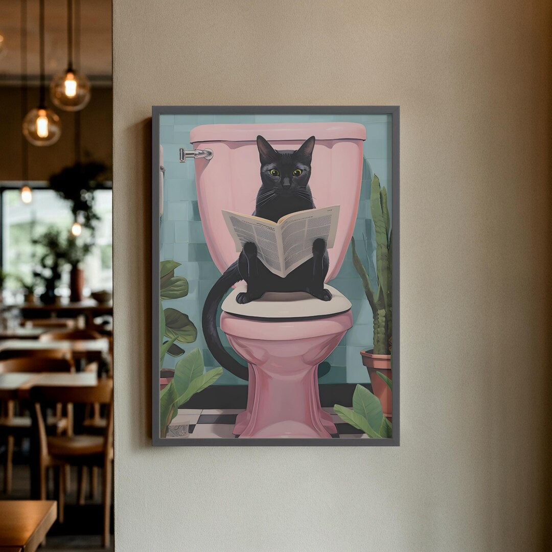 Funny Black Cat Bathroom Wall Art Print, Cat Reading Newspaper Poster ...