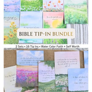 May include: A Bible tip-in bundle featuring watercolor designs with inspirational quotes. The bundle includes 16 tip-ins, each measuring 5" x 7", with themes of faith and self-worth. The text "PRINTED & READY TO USE" is also visible.