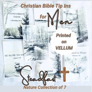 May include: A collection of seven rectangular vellum Bible tip-ins featuring black and white nature photography and printed text. The cards display various religious phrases including Stand Firm in Faith, Rooted in Truth, and Be Slow to Anger.