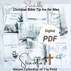 Op de afbeelding: Een verzameling van zeven printbare bijbel-insteekkaarten met zwart-wit natuurfotografie en inspirerende teksten zoals Stand Firm in Faith, Rooted in Truth en Be Slow to Anger. Een digitaal PDF-label en een klein houten kruis-icoon zijn inbegrepen.