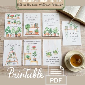 May include: Seven botanical Bible tip-ins from the Held in His Care Wellness Collection. Each rectangular card features watercolor illustrations of potted plants and shelves paired with inspirational religious text in a serif font.