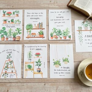 May include: Seven rectangular cards featuring watercolor illustrations of various potted houseplants on shelves and hanging planters, each paired with black printed Bible verses. The collection includes diverse greenery, terracotta pots, and wooden shelving units.